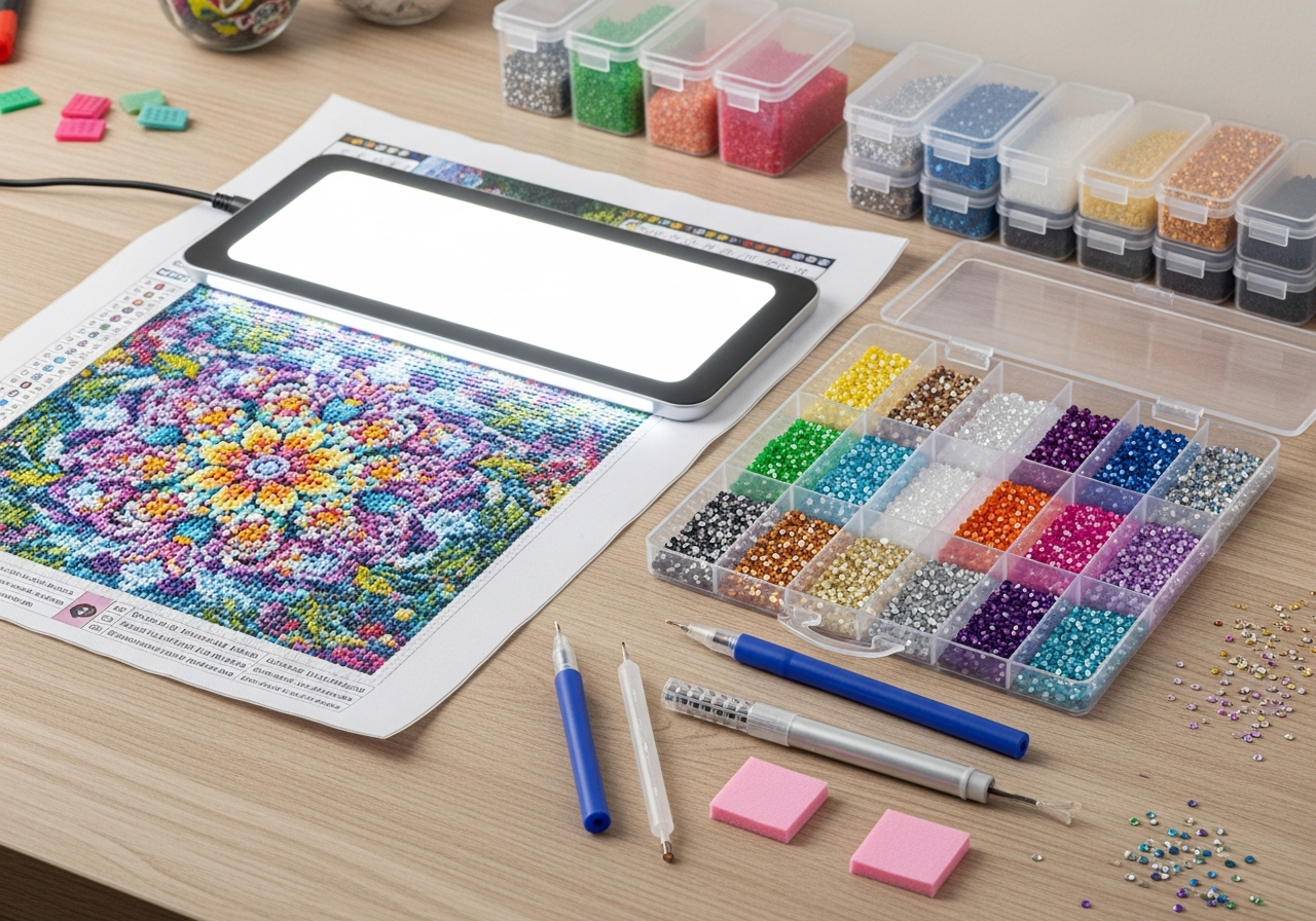 Complete Diamond Painting Starter Kit setup with all essentials