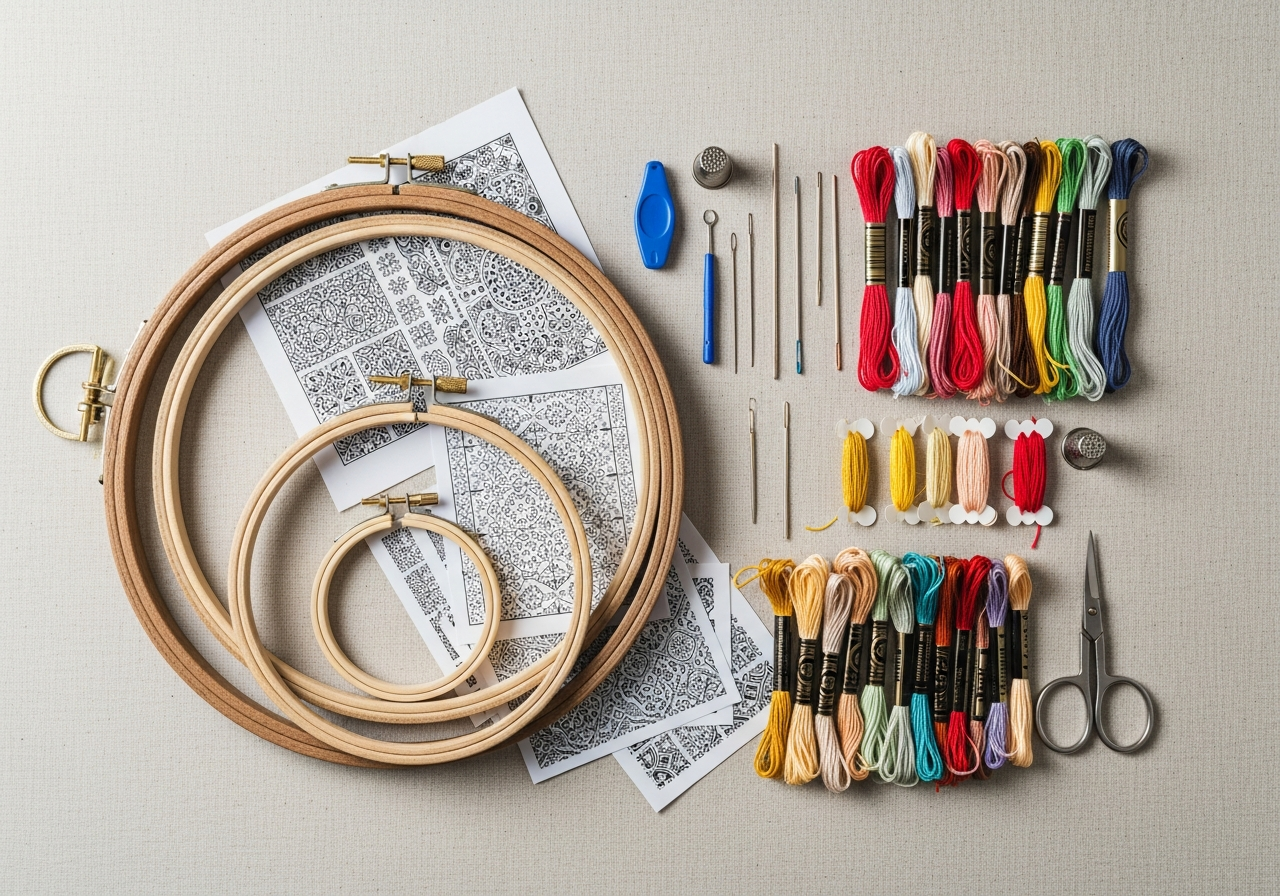 Complete Embroidery Starter Kit setup with all essentials