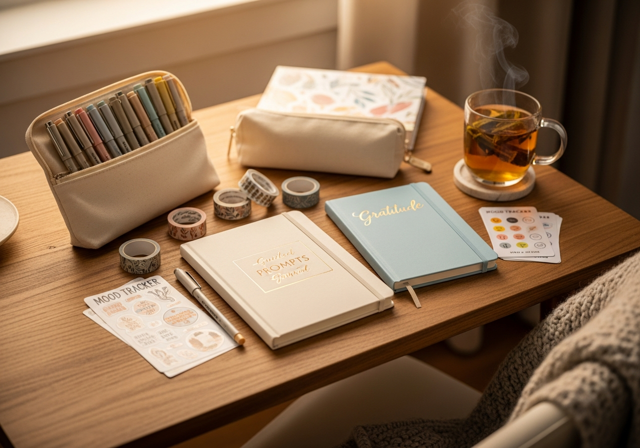 Complete Journaling & Mental Health Kit setup with all essentials