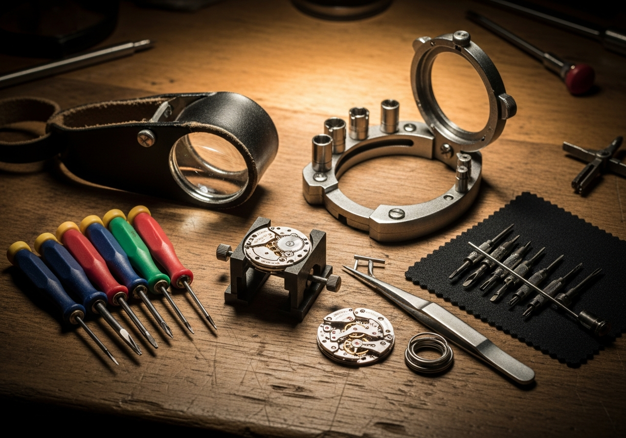 Complete Mechanical Watch Repair Kit setup with all essentials
