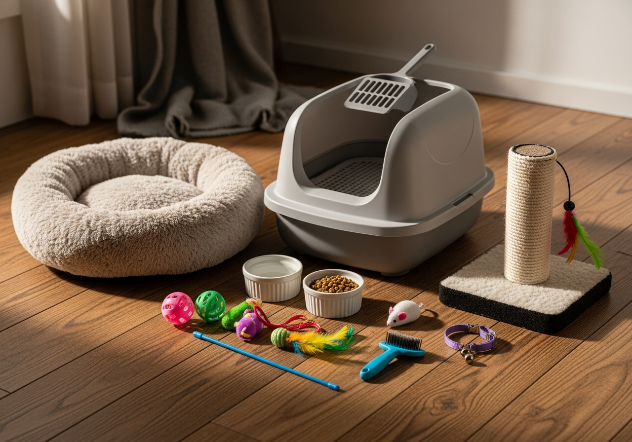 Complete New Kitten Starter Kit setup with all essentials