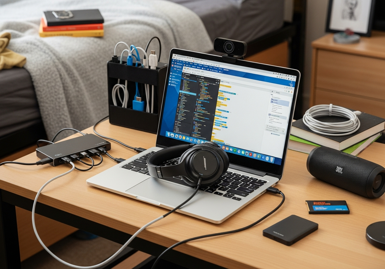 Complete Off-to-College Tech Essentials Kit setup with all essentials