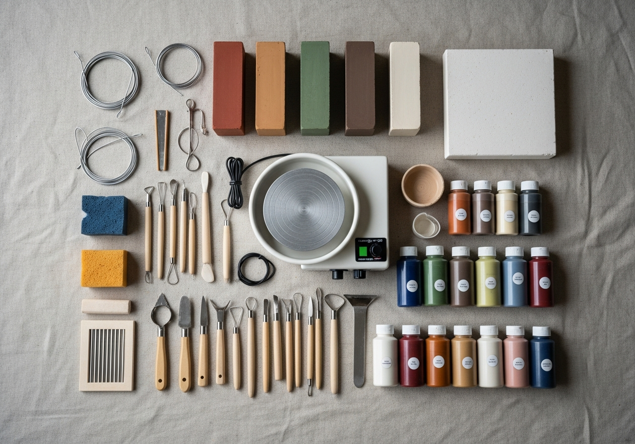 Complete Pottery & Ceramics Starter Kit setup with all essentials