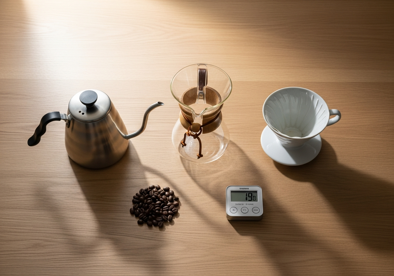 Complete Pour-Over Coffee Ritual setup with all essentials