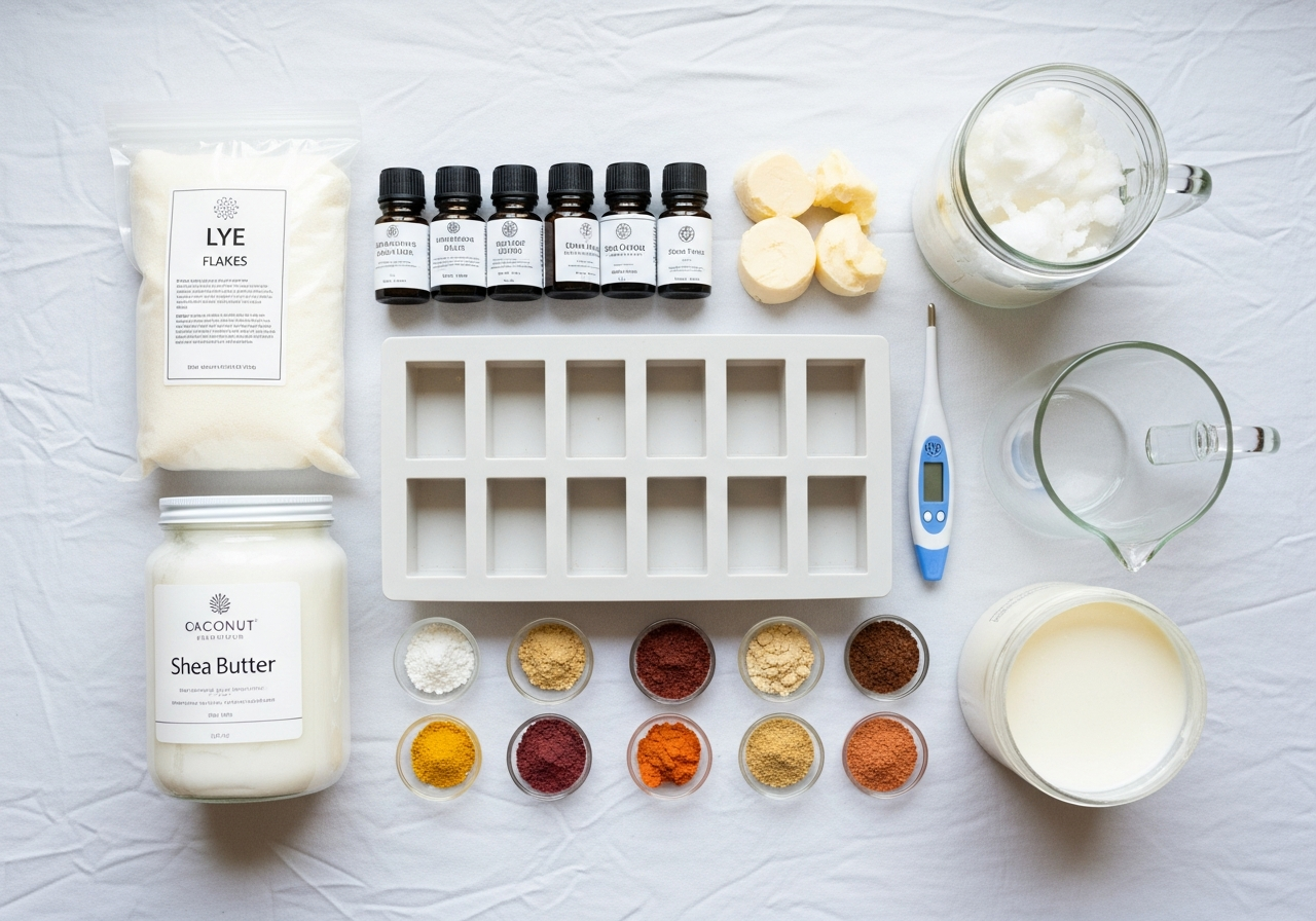 Complete Soap Making Starter Kit setup with all essentials
