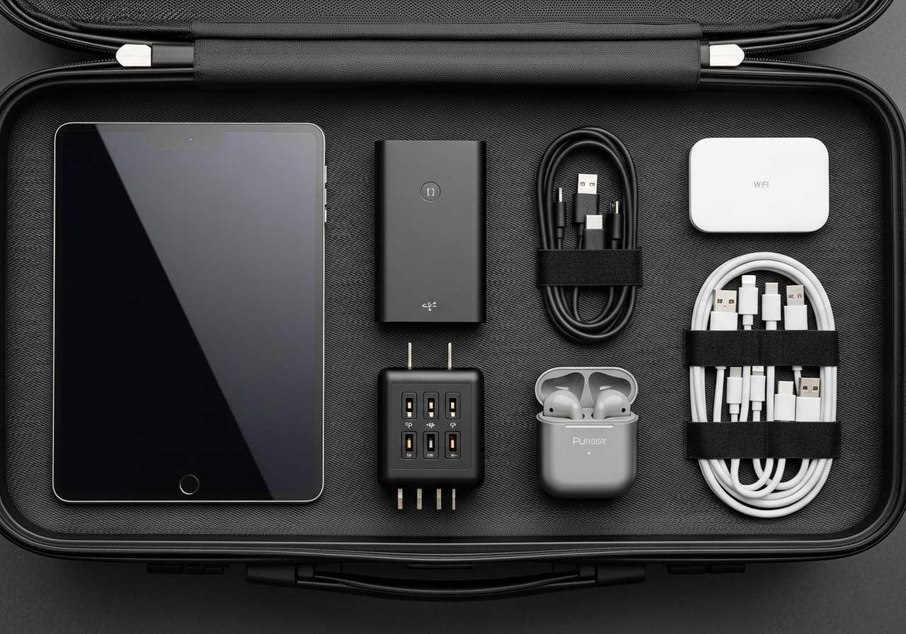 Complete Travel Tech Kit setup with all essentials