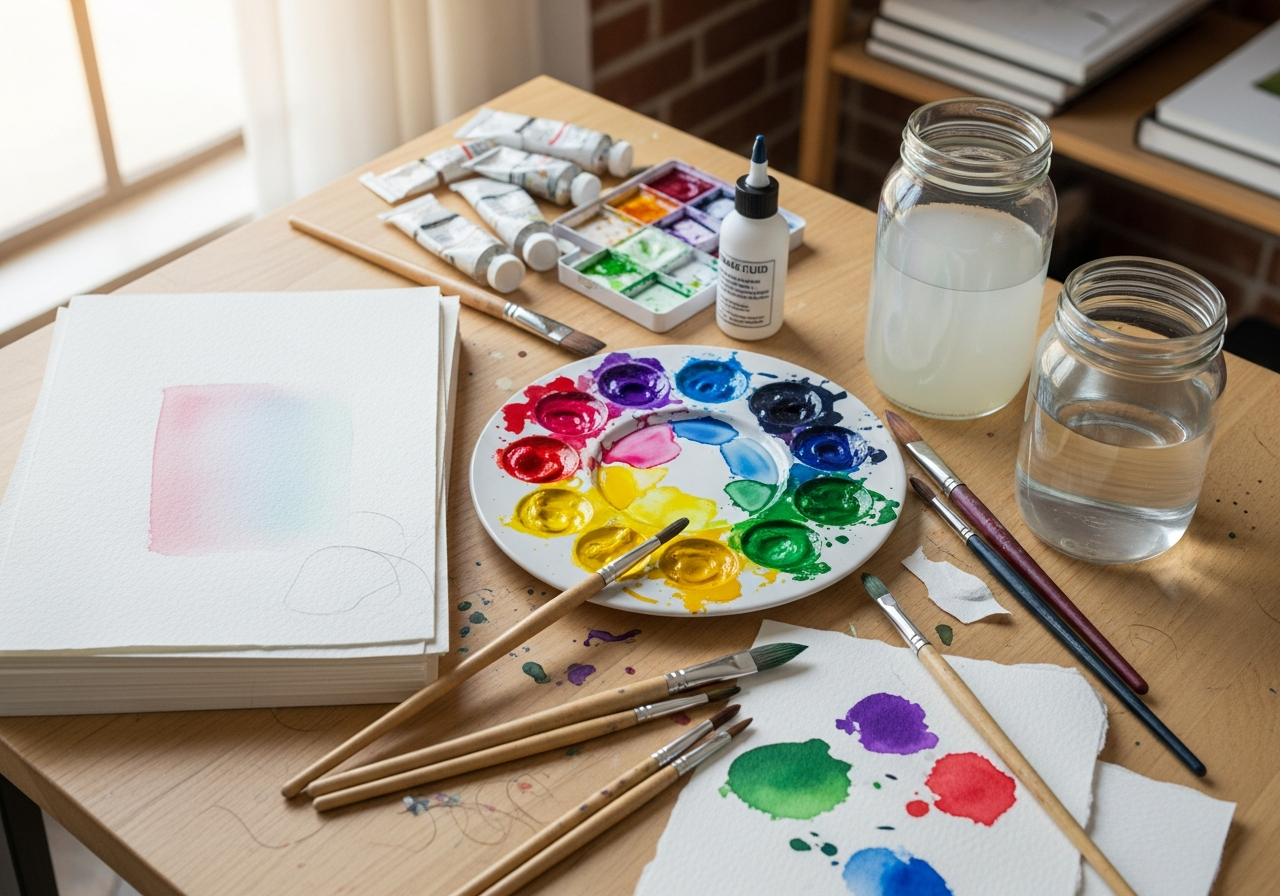 Complete Watercolor Painting Starter setup with all essentials