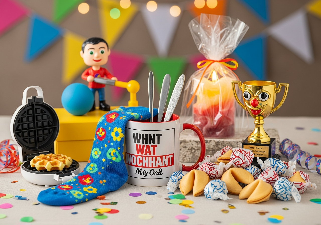 Complete White Elephant & Gag Gift Box setup with all essentials